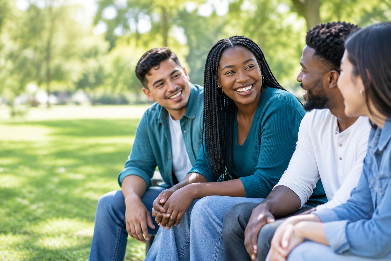Friends sharing a warm moment together in a community park
